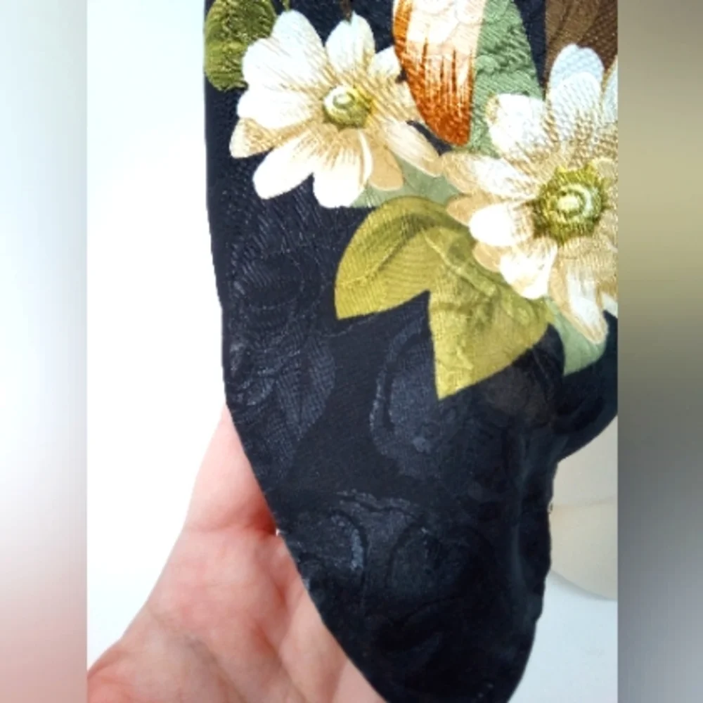 Vintage Square Floral Neck Scarf Satin Style Flowers Black Made in Korea